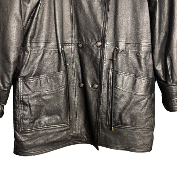 Vintage 90s Black Leather Coat, Quilted Lining, Genuine Leather, Oversized Parka - Picture 5 of 7